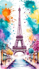 Colorful Watercolor Painting of the Eiffel Tower in Paris