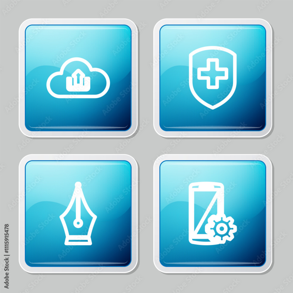 Poster set line cloud upload, medical shield with cross, fountain pen nib and setting on smartphone icon. v
