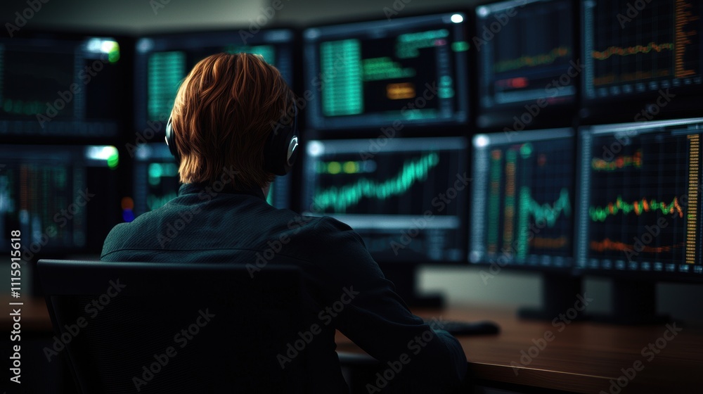 Poster focused trader analyzing stock market trends on multiple monitors with financial data visualizations