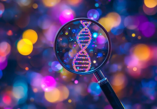 A magnifying glass showing the DNA helix alongside DNA Sanger sequencing.