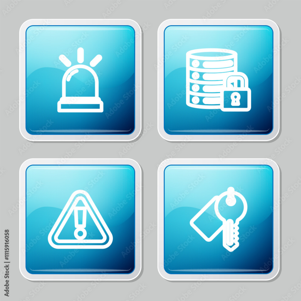Poster set line motion sensor, server security with lock, exclamation mark in triangle and marked key icon.