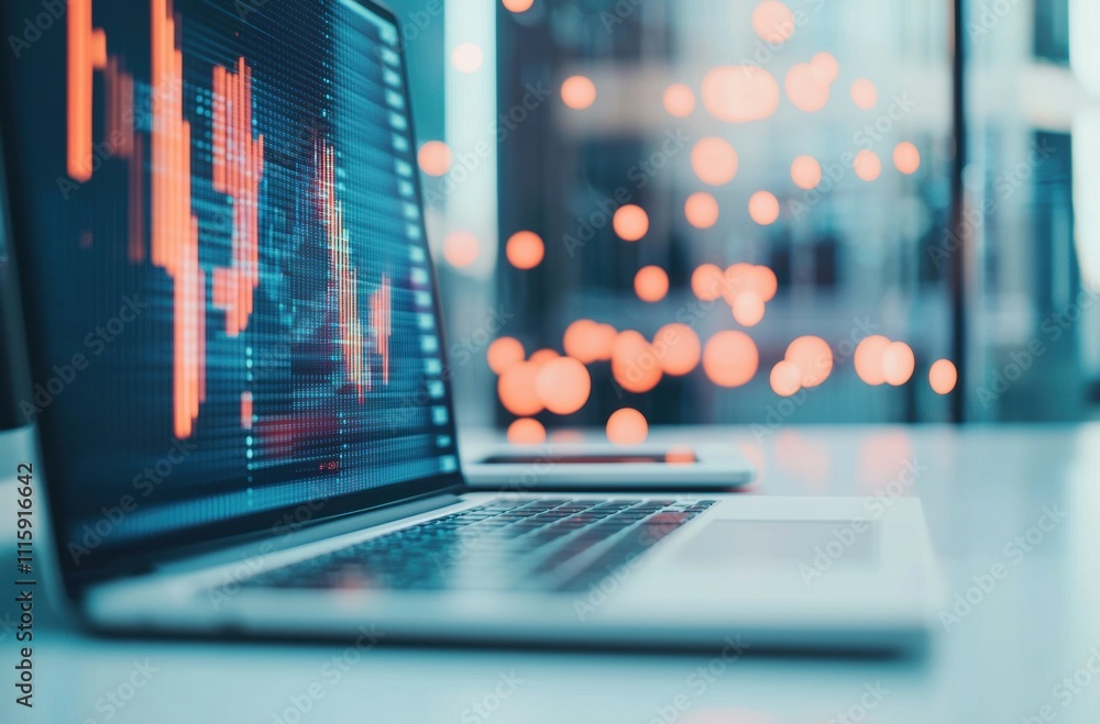 Poster modern laptop displaying financial data graphs with creative bokeh background of urban office enviro