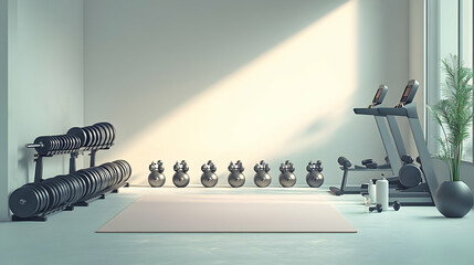 3D Fitness gym setup with plain background and copy space concept as A well equipped gym corner with dumbbells yoga mat and water bottle against a plain light background offering space for overlay tex