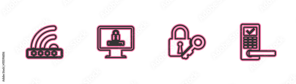 Poster set line wifi locked, lock and key, monitor with password and digital door wireless icon. vector