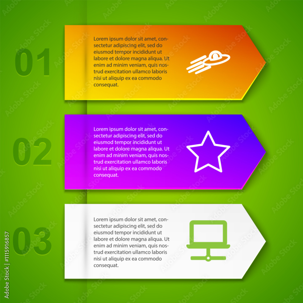 Poster set line ufo flying spaceship and alien, star, computer network and cloud mail server. business info