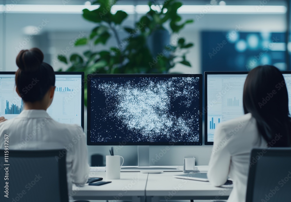 Poster two business professionals analyzing data on dual monitors in a modern office environment with a cos