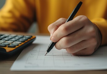 Person in Yellow Sweater Writing on Paper with Pen and Calculator Nearby, Focus on Hand Holding Writing Tool, Close-Up View of Office Work and Financial Planning