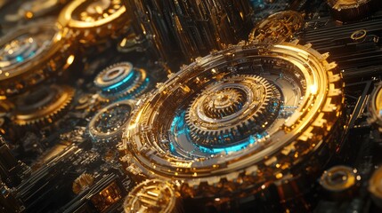 Intricate Golden Gears and Circuits in Futuristic Technology Design
