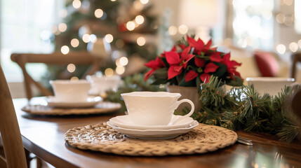 Fototapeta premium Christmas-themed table setting with a white cup and festive centerpiece in a cozy dining room