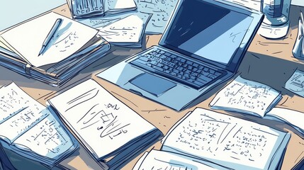 Obraz premium Overwhelmed Workspace with Laptop, Papers, and Writing Tools