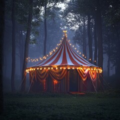 A haunted carnival tent, glowing with bright colors, creates a chilling ambiance for Halloween.