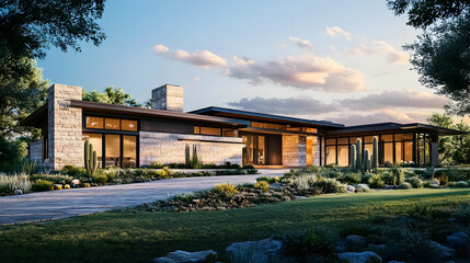 Modern Ranch Home with Stone Facade and Desert Garden, Contemporary Scottsdale Estate