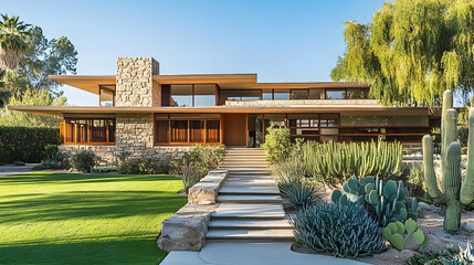 Obraz premium Modern Ranch Home with Stone Facade and Desert Garden, Contemporary Scottsdale Estate