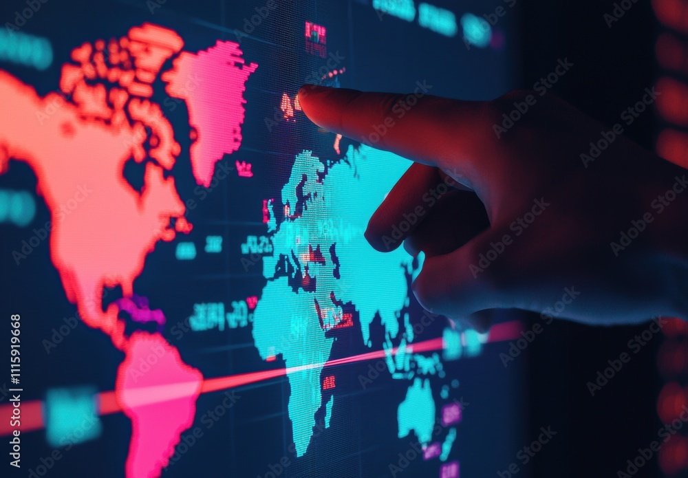 Poster colorful digital world map with data visualization and a human touch, highlighting global connection