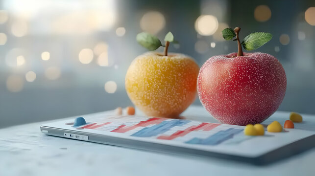 3D Investment Portfolio with Fruity Partners concept as Two savvy fruits manage investment portfolios on digital devices with a sleek abstract and bokeh background showcasing their expertise and partn