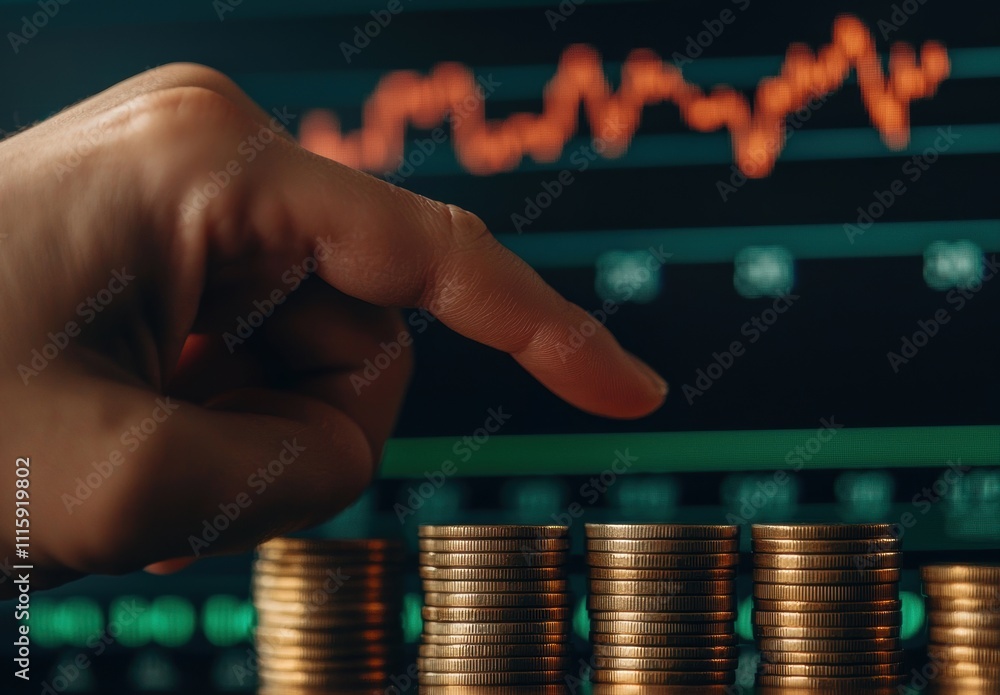 Poster close-up of a hand pointing towards stacked coins with financial graphs in background illustrating e