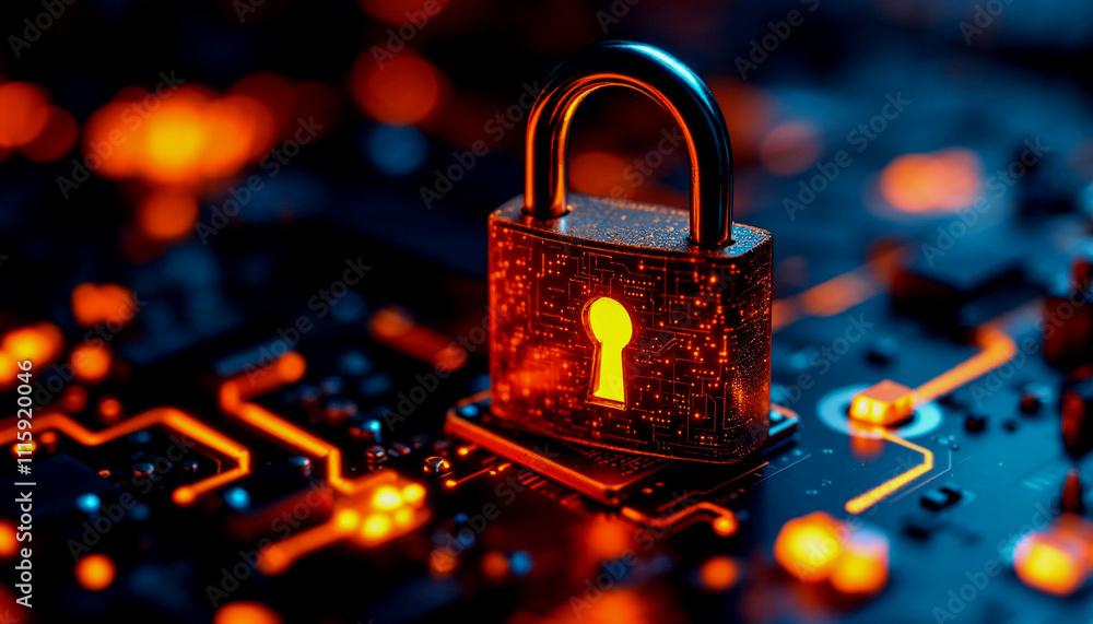 Poster a glowing orange padlock on a circuit board with a keyhole, representing digital security and encryp