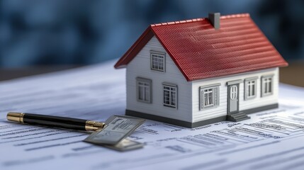 Miniature House Model on Real Estate Documents and Pen