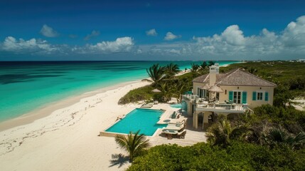 Obraz premium Luxurious beachfront villa with private pool and stunning ocean views.