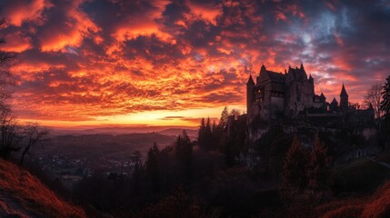 Obraz premium Fiery sunset illuminates castle on hilltop.