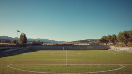 Empty Soccer Field Surrounded by Mountains Under Clear Blue Sky