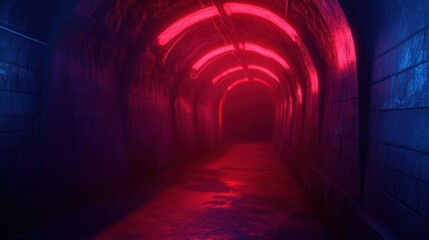 Mysterious underground tunnel illuminated by vibrant neon lights in a surreal atmosphere