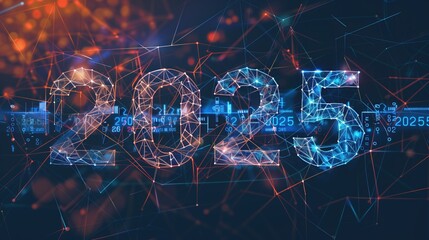 Fototapeta premium New Year 2025. Futuristic holographic, glowing digital fire Numbers 2025. Holiday card. New Year. Christmas. Holiday. 