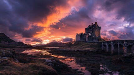 Obraz premium Fiery sunset, castle, rocky coast, bridge.