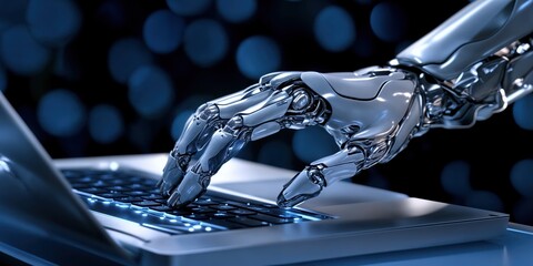 Robotic hand typing on laptop keyboard in futuristic setting