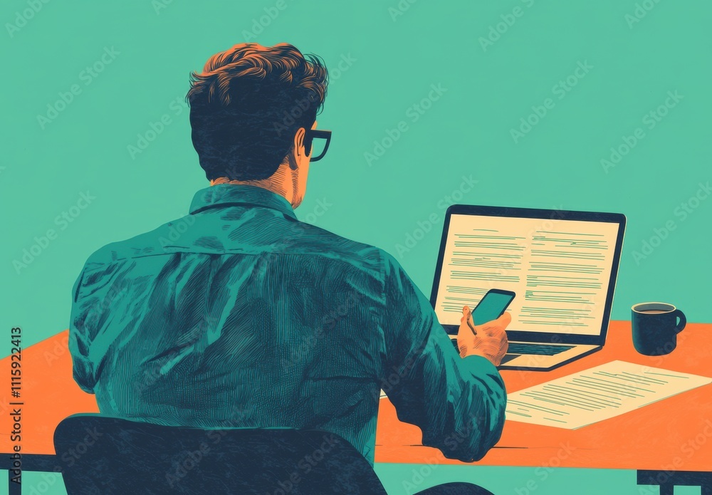 Poster modern workspace scene featuring a young man using a smartphone while working on a laptop with paper