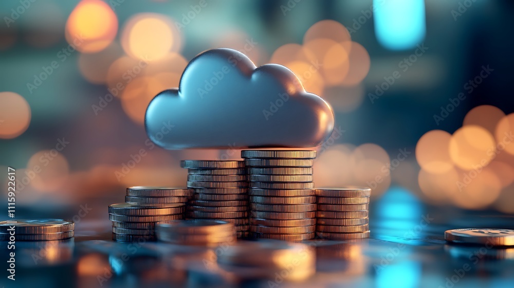 Fototapete 3d rendering of a cloud icon above a stack of coins, suitable for financial or tech-related visuals.