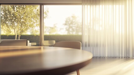 Fototapeta premium Modern living room with sunlight streaming through sheer curtains