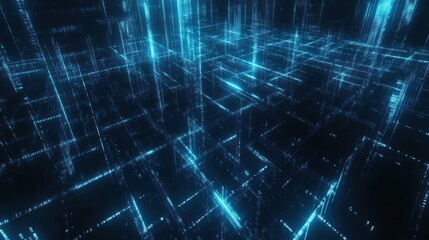 Abstract digital grid, glowing blue lines and data streams.