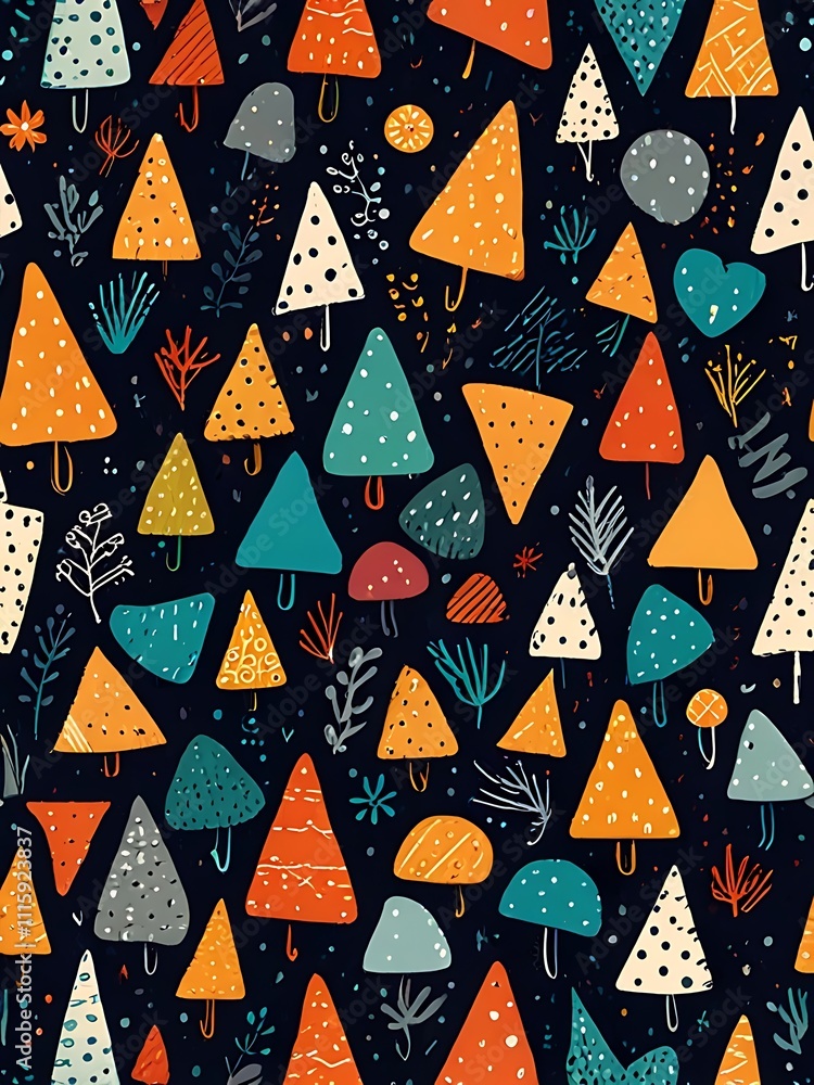 Poster abstract autumnal forest pattern featuring triangular trees and mushrooms