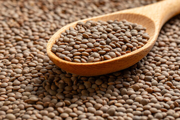 Lentils picked up by a wooden spoon 