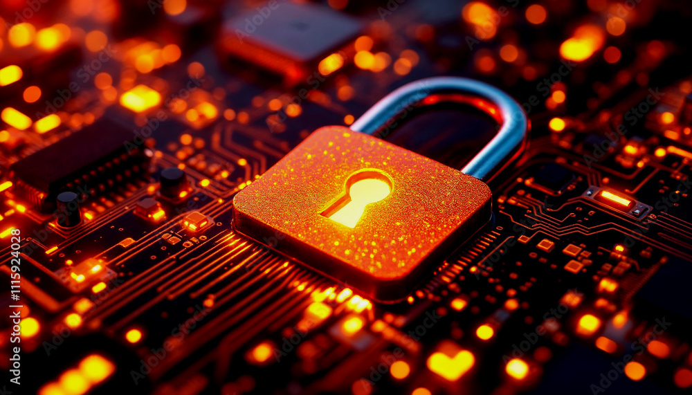 Poster a glowing orange padlock on a circuit board with a keyhole, representing digital security and encryp