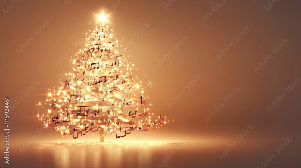 Poster abstract xmas tree made from floating musical notes, glowing softly on a warm beige gradient backgro