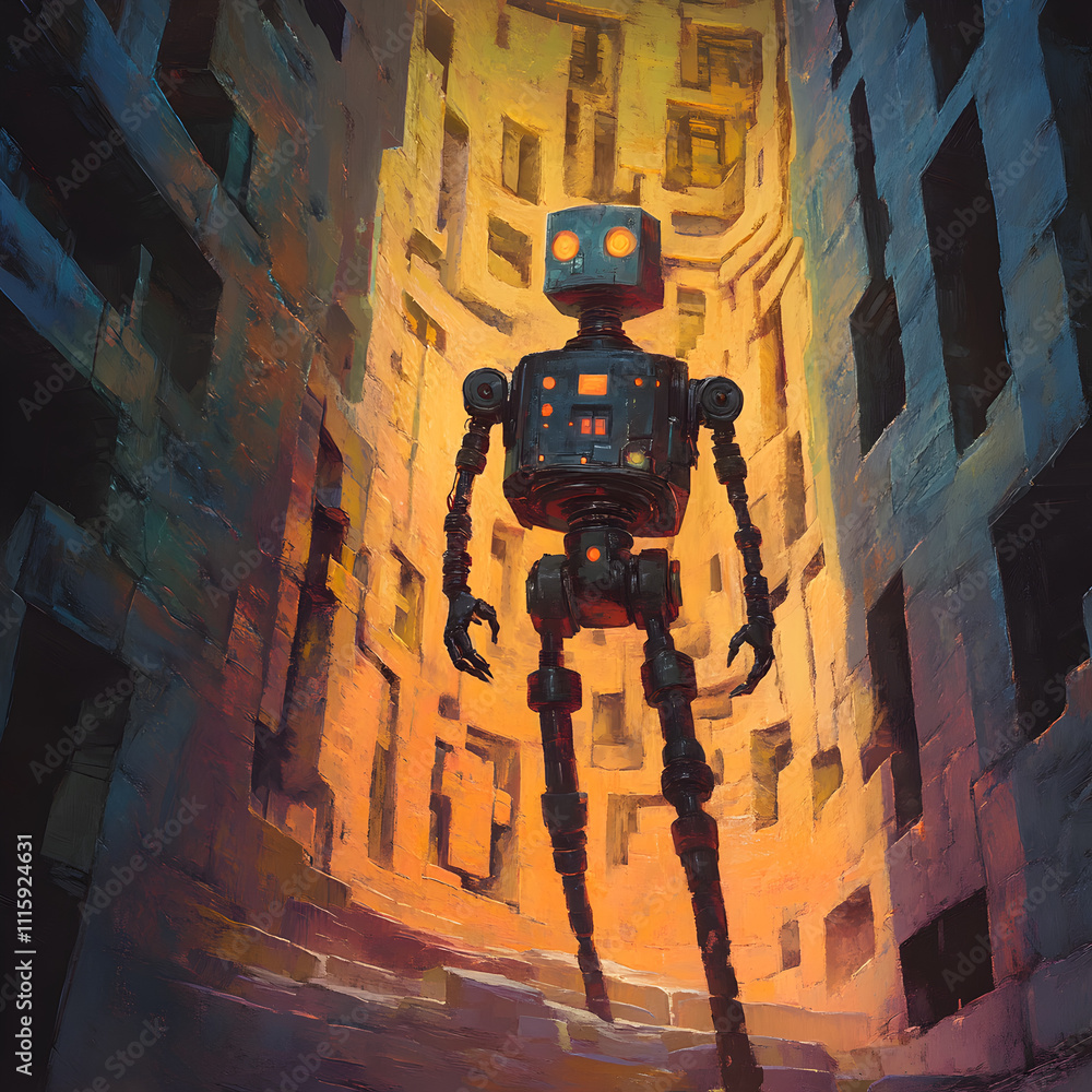 Poster exploring a futuristic robot in an abstract urban landscape digital art surreal environment unique p