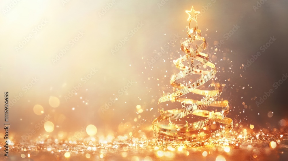 Poster abstract xmas tree made from floating musical notes, glowing softly on a warm beige gradient backgro