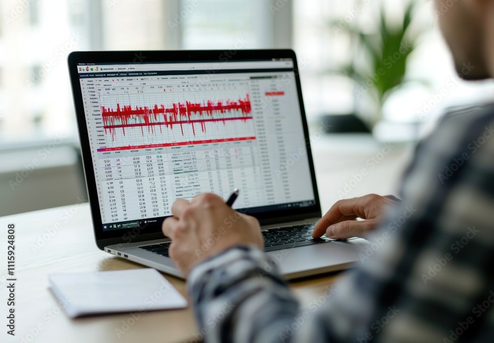 Poster professional analyzing data on laptop screen with chart visuals displaying statistics, trends, and n