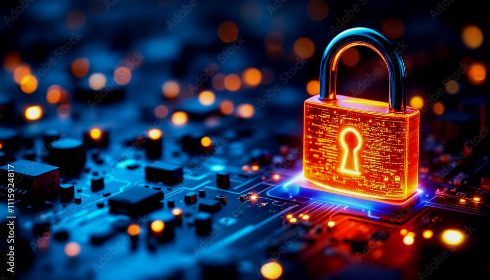 Poster a glowing orange padlock on a circuit board with a keyhole, representing digital security and encryp