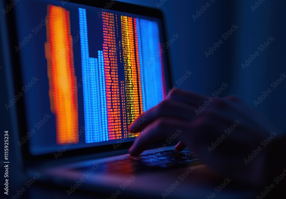 Poster colorful digital data visualization on a laptop screen in a dimly lit environment showcasing vibrant