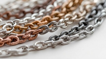 Obraz premium Close-Up of Intertwined Metal Chains in Various Finishes Displaying Textures and Colors for Creative Design Inspiration and Artistic Backgrounds