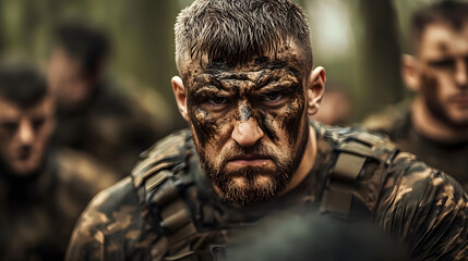 Obraz premium A fierce-looking man in camouflage leads a team in a forest scene, exuding leadership, strength, and determination with a gritty, intense appearance.