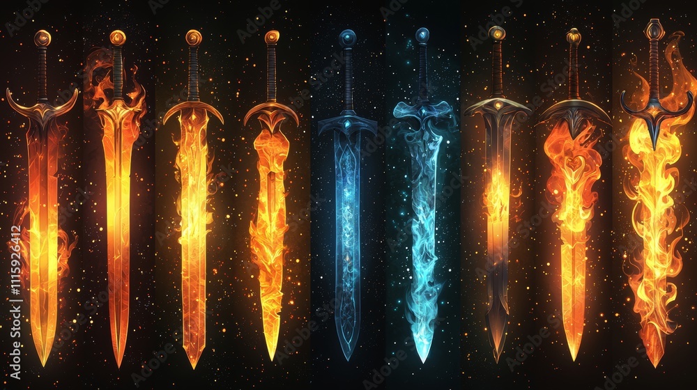 Poster in game user interface design, a vfx effect for a medieval sword or ancient knife, depicted with a m