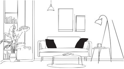 Fototapeta premium Living room graphic black white home interior sketch illustration vector