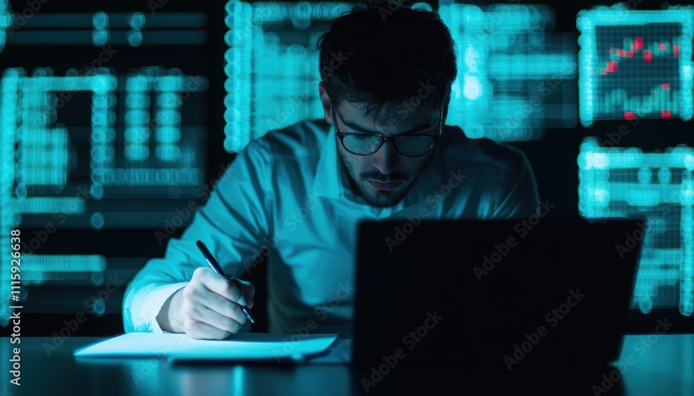 Poster young professional analyzing data and taking notes in a modern office with high-tech screens display