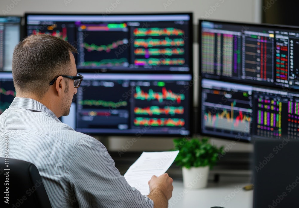 Poster focused trader analyzing market data with multiple screens displaying financial graphs and charts in