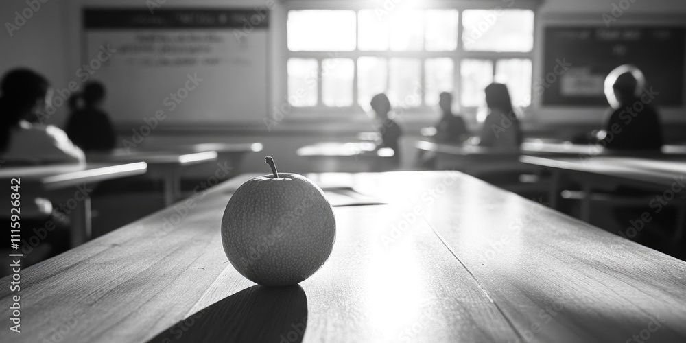 Poster single apple sits on a table in a classroom. the apple is the only object in the image, and it is th