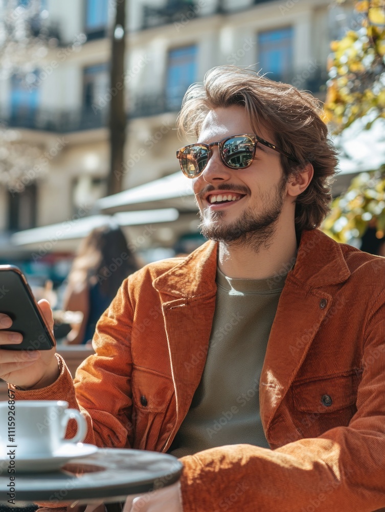 Aufkleber man in an orange jacket is sitting at a table with a cell phone in his hand. he is smiling and he is